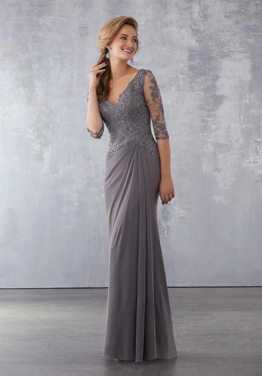 Time-Limited Offer MGNY By Mori Lee - Embroidered Plunging V-neck Sheath Evening Gown 71728SC - 1 pc Charcoal In Size 6 Available