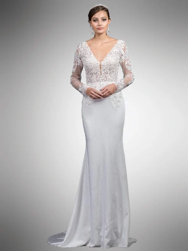 YEAR-End Sale Dancing Queen Bridal - 52 Beaded Lace Long Sleeve V-neck Sheath Dress