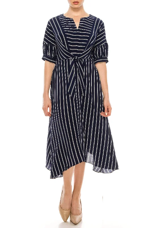 Final Markdown London Times T5696M - Short Puff Sleeves V-Neck Tea-Length Dress