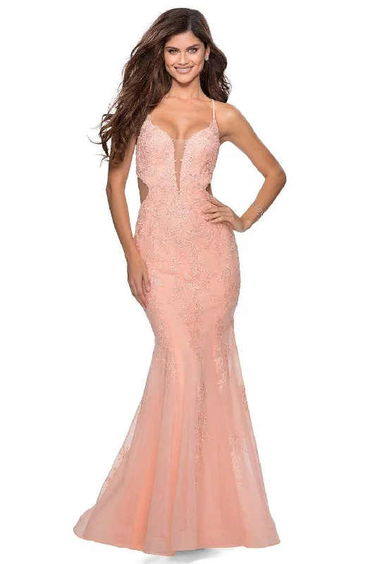 Sale Event La Femme - 28768 Embroidered Deep V-neck Trumpet Dress
