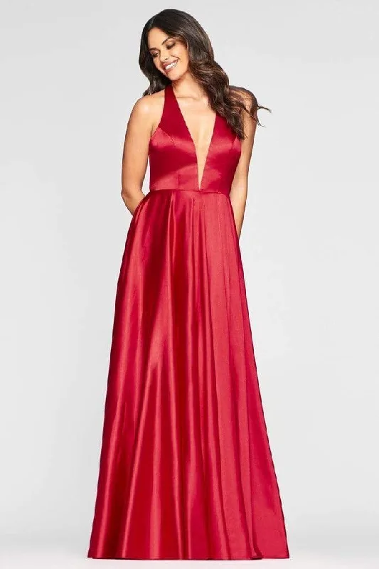 Friends and Family Sale Faviana - Plunging V-Neck Charmeuse A-line Dress S10403 - 1 pc Red In Size 14 Available