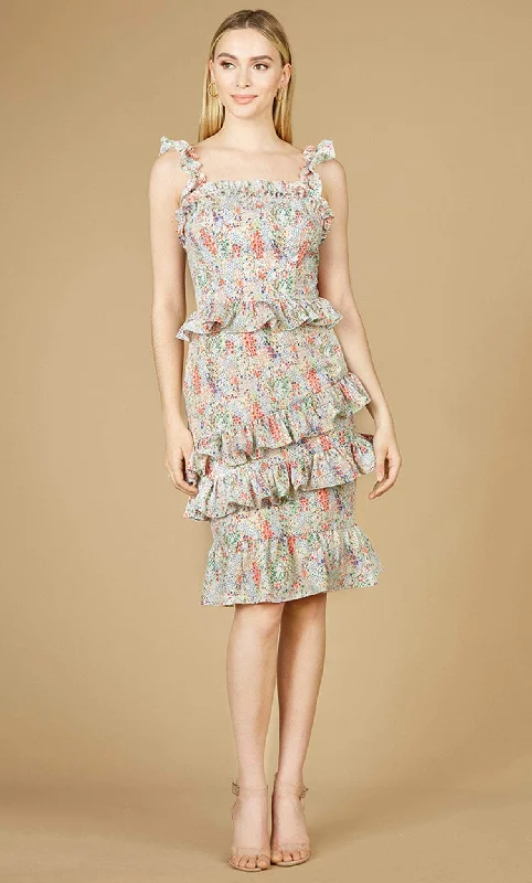 Great Bargains Lara Dresses 29272 - Sheath Ruffled Printed Midi Dress