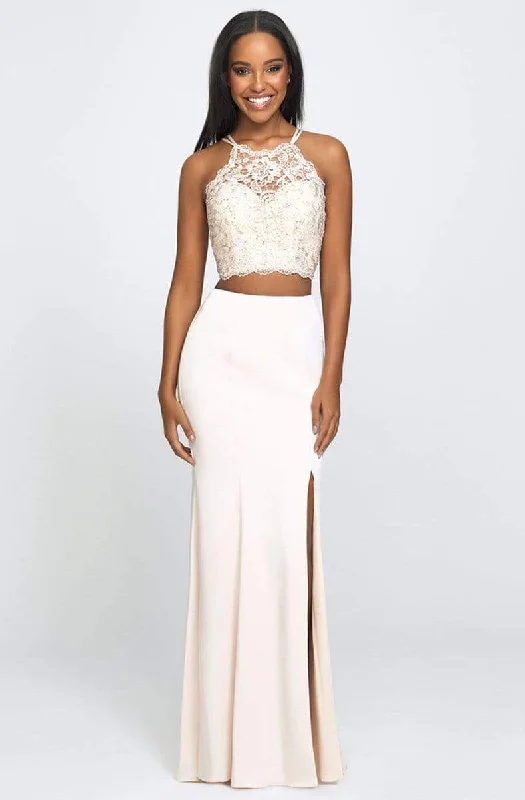 Bargain Bin Madison James - Two-Piece Beaded Illusion Halter Gown with Slit 19-201 - 1 pc Champagne In Size 02 Available
