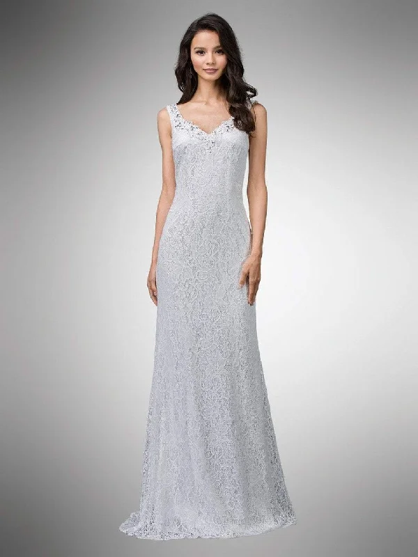 Price Slash Dancing Queen Bridal - 9981 Bedazzled Lace V-neck Sheath Dress