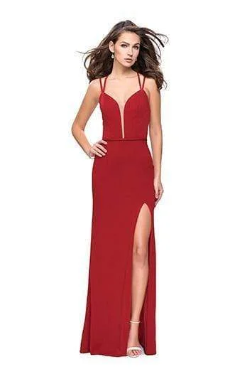 Deal of the Week La Femme - Strappy Deep V-neck Sheath Dress 26023SC - 1 pc Red In Size 0 Available