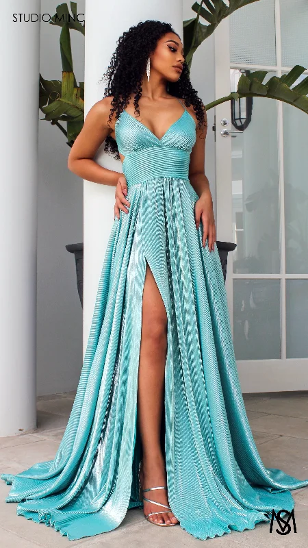 Price Fest METALLIC COSMO - Teal Green Flowy Formal Dress with Leg Split & Cut Outs