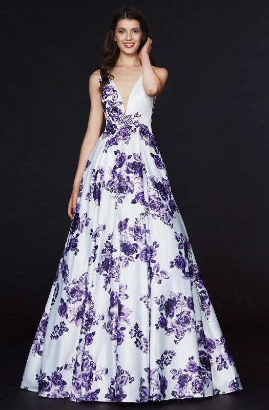 New Markdowns Angela & Alison - 91019 Deep V-neck Floral Satin A-line Dress