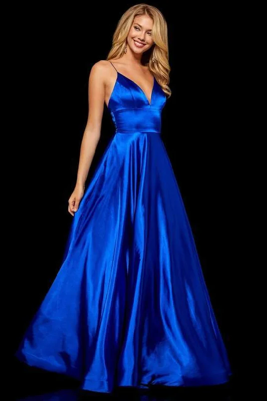 Weekend Deal Sherri Hill - V Neck Spaghetti Straps A-Line Satin Dress 52195 - 1 pc Dark Royal In Size 00 Available