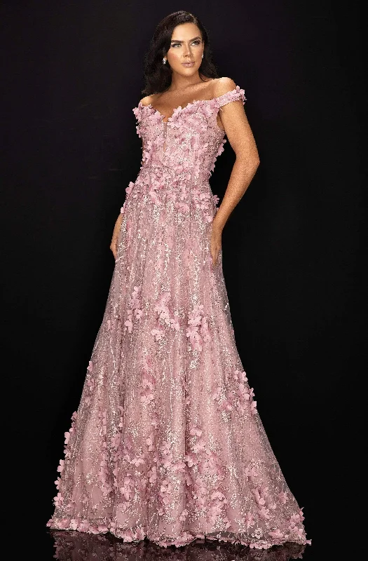 Huge Discounts Terani Couture - 2011M2143 Floral Appliqued Off-Shoulder A-Line Dress