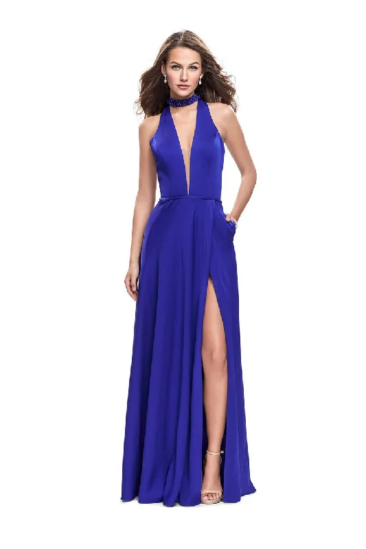 Special Price La Femme - 26154 Deep V-neck with Choker Satin A-line Gown