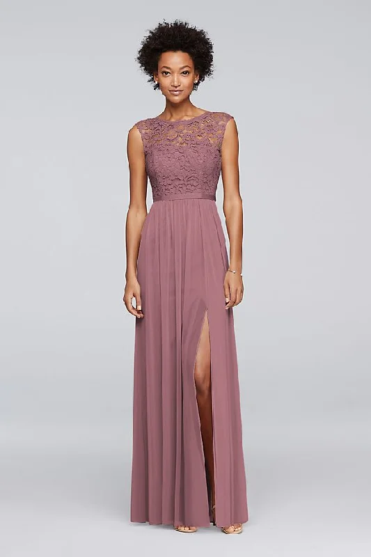 Super Sale David's Bridal Long Bridesmaid Dress with Lace Bodice (F19328)