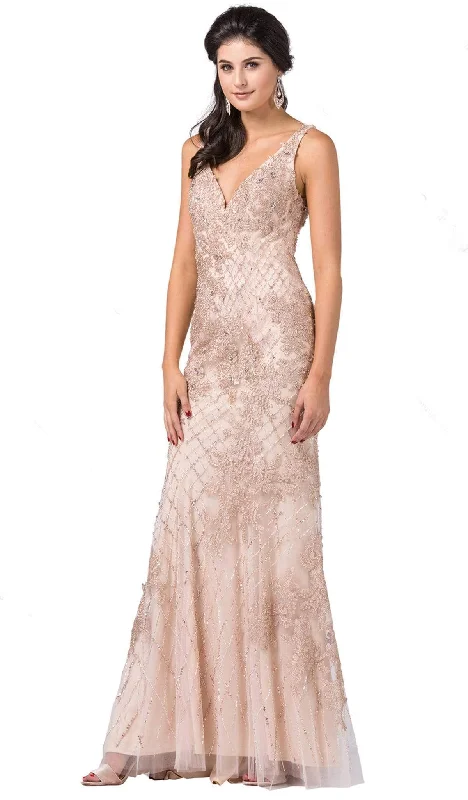 Weekend Deal Dancing Queen - 2515 Deep V-Neck Beaded Trumpet Gown