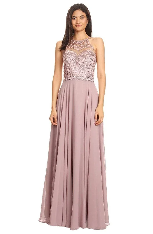 Price Drop Eureka Fashion - 8111 Illusion Halter Embroidered Bodice A-Line Dress
