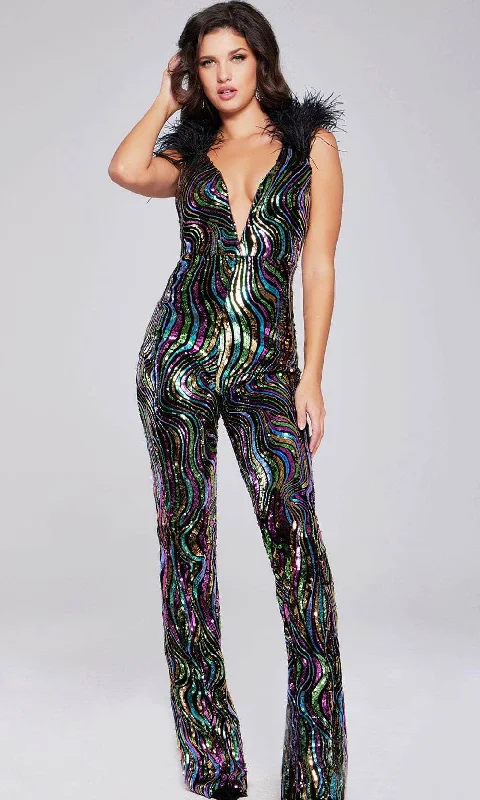 Deal Mania Jovani 37276 - Feather Detailed Plunging V-neck Cocktail Dress