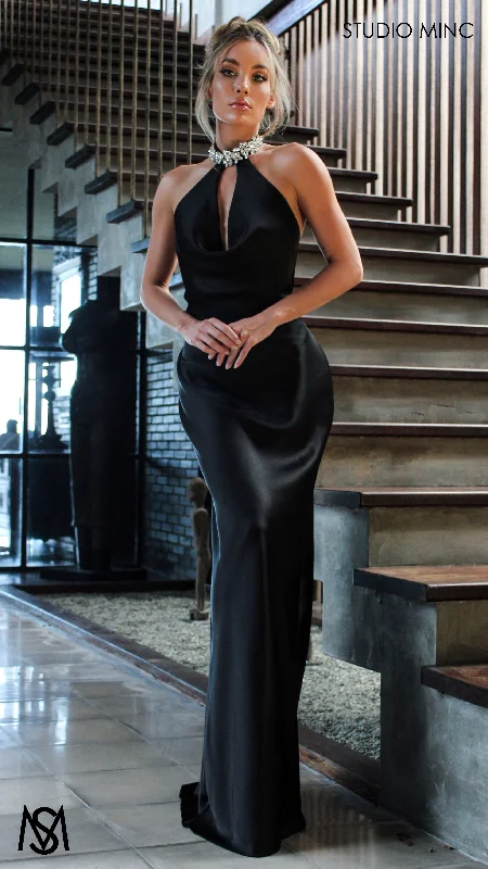Major Savings Jewel - Black Formal Dress, Satin High Neck Plunge, Diamante choker, Backless