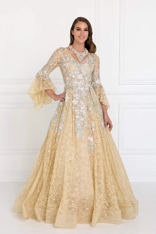 Bonus Savings Elizabeth K - GL1592 Flounce Sleeve Floral Embroidered Lace Ballgown