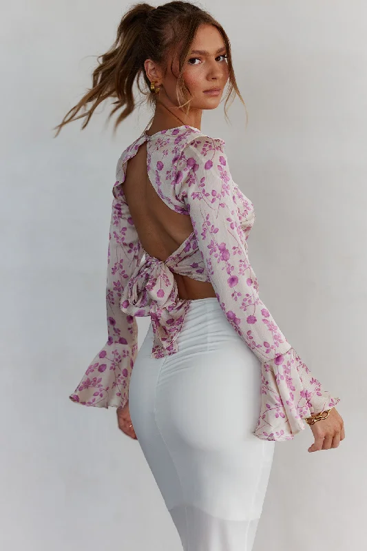 Today Only Adalia Long Sleeve Tied Top Floral Champagne