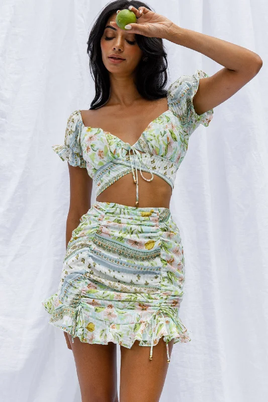 Early Access Azure Sky Tied Back Crop Top Printed Green