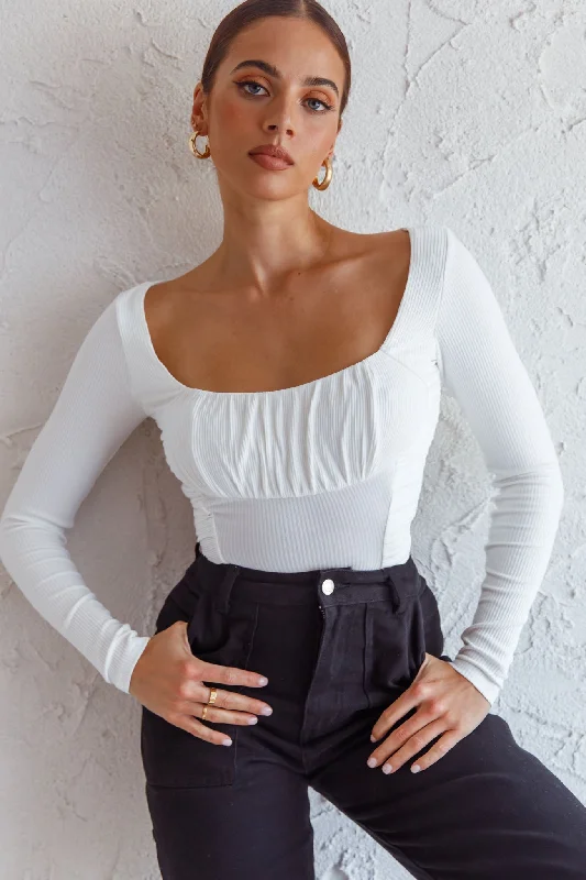 Get It Before It’s Gone Bobbi Long Sleeve Ruched Side Ribbed Bodysuit White