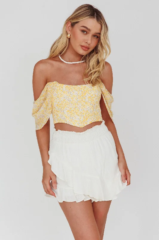 Fantastic Deals Brandy Off-Shoulder Pointed Hem Crop Top Mottled Print Yellow