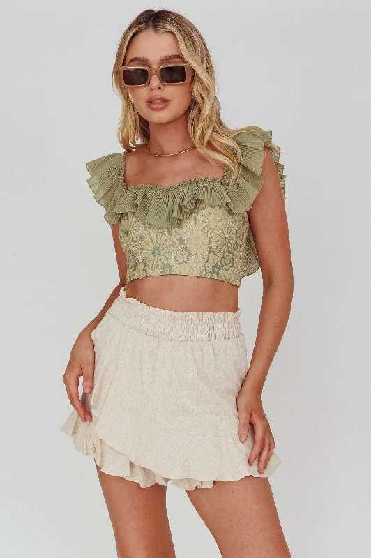 Unmissable Offer Dreamy On Or Off-Shoulder Frill Crop Top Beige/Olive