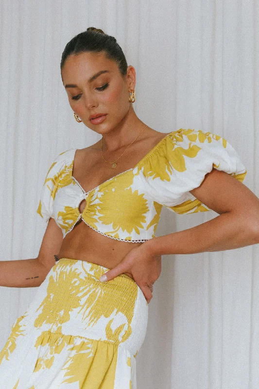 Escape With Me Tied Back Crop Top Printed Mustard