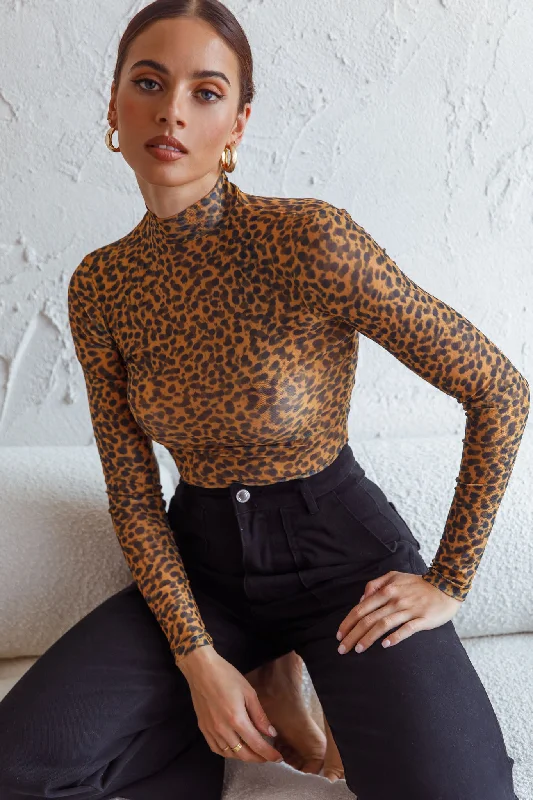 Blowout Deals Feelin' It Long Sleeve Turtleneck Sheer Bodysuit Orange Leopard Print