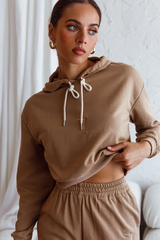 Crazy Deals Glow Getter Drawstring Hood Embroidery Logo Hoodie Beige