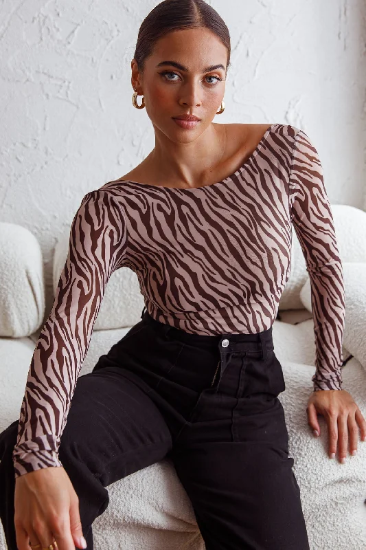 Savings Alert Juni Long Sleeve Low Back Mesh Bodysuit Tiger Print