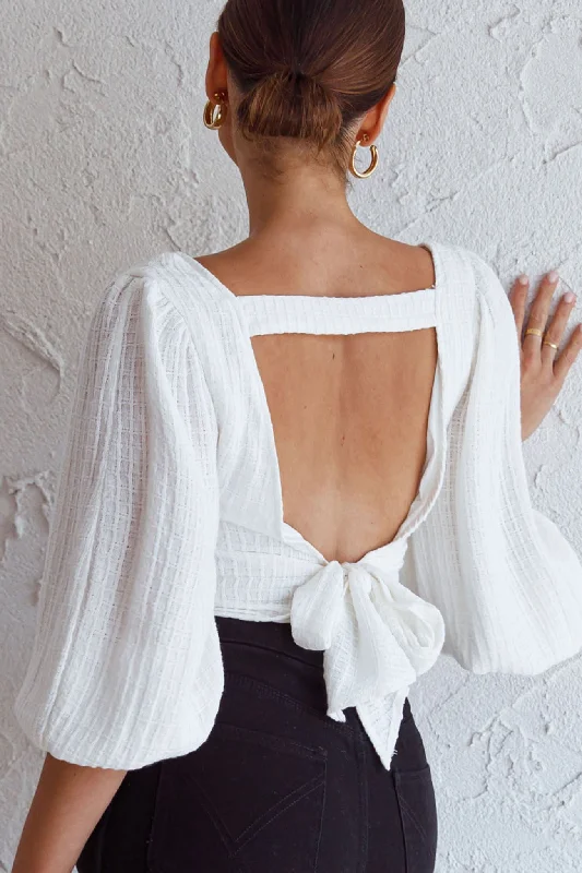 Bargain Prices Love Like This Balloon Sleeve Open Back Crop Top Textured White