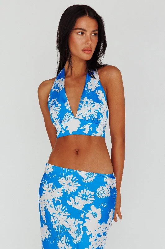 Holiday Sale Manila Halterneck Crop Top Blue Floral