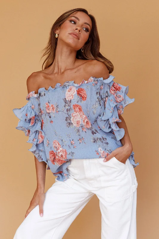 Great Deals Miranda Off-Shoulder Ruffle Sleeve Top Floral Print Blue