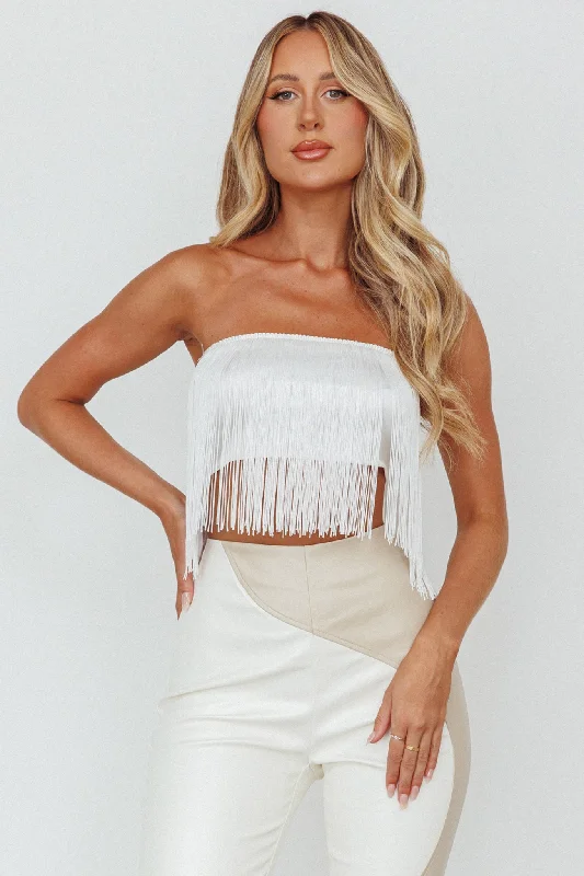 Deep Discounts Miss Daisy Fringe Crop Top White