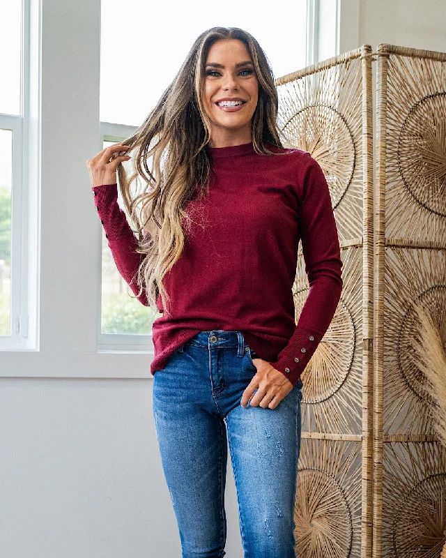 Can't Miss NEW! Staci Fine Knit Sweater with Button Detail - Wine