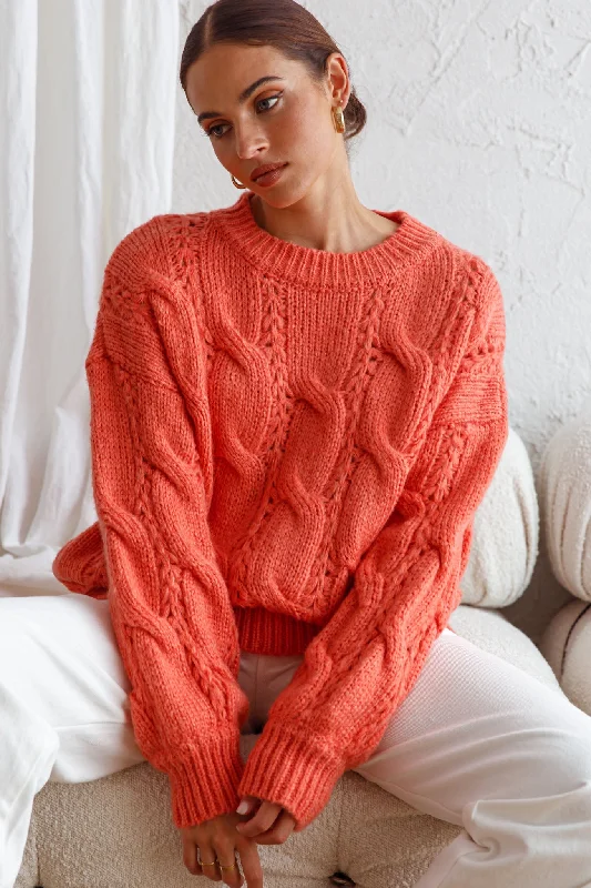 Inventory Reduction Nicola Long Sleeve Chunky Cable Knit Sweater Peach