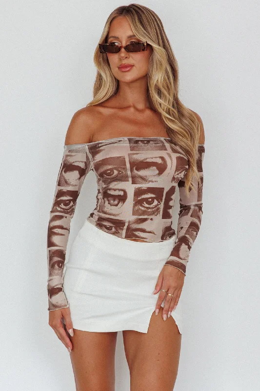 Crazy Deals Ramona Long Sleeve Off-Shoulder Top Print Brown