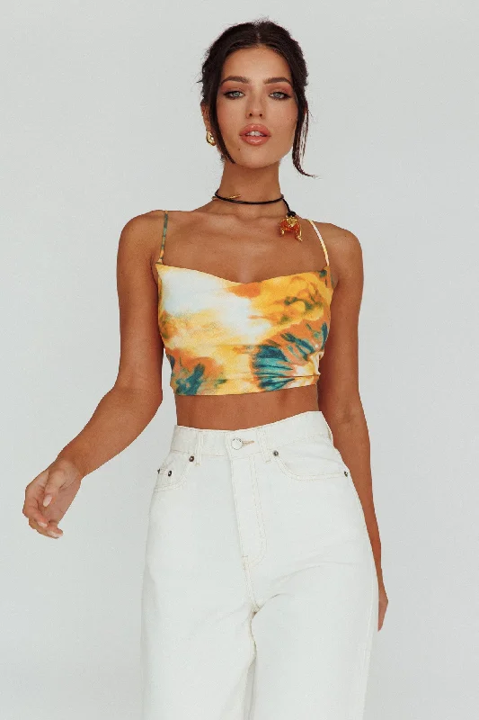 Price Rollback Show Me Love Cowl Neck Tied Back Crop Top Tie-Dye Yellow