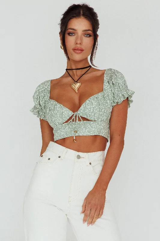 Don't Miss Sweet Romance Sweetheart Neckline Crop Top Floral Sage