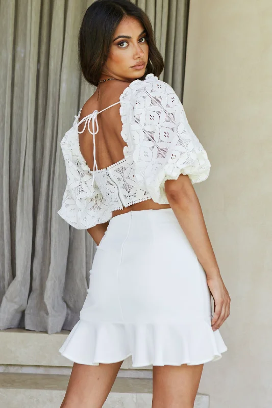 Early Bird Discount Talk About Me Puff Half Sleeve Circle Trim Crop Top White