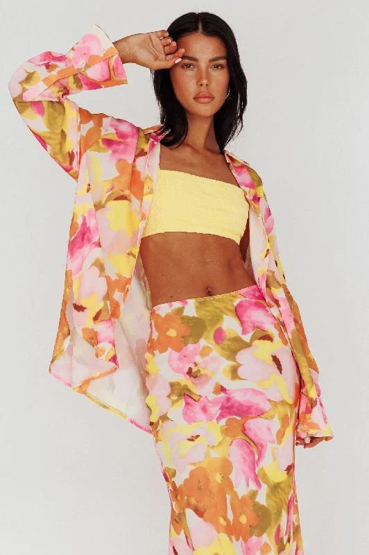 Exclusive Savings Vacation Long Sleeve Flared Cuff Shirt Pink/Yellow