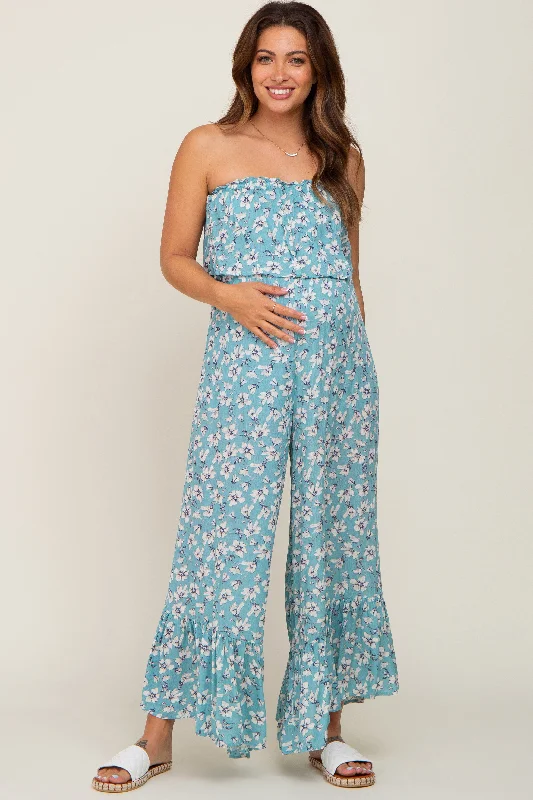 Closeout Aqua Floral Strapless Ruffle Maternity Jumpsuit