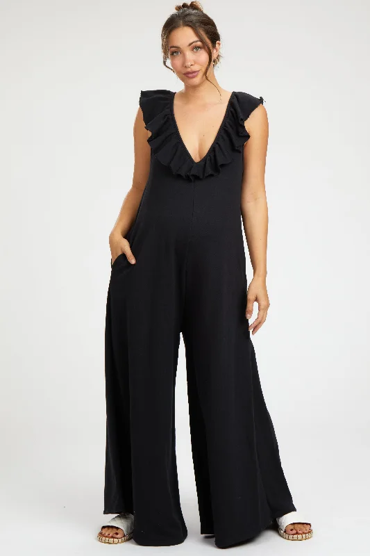 Black Ruffle Accent Wide Leg Maternity Jumpsuit