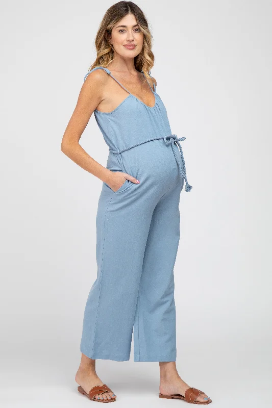 Don't Wait Blue Shoulder Tie Linen Maternity Jumpsuit