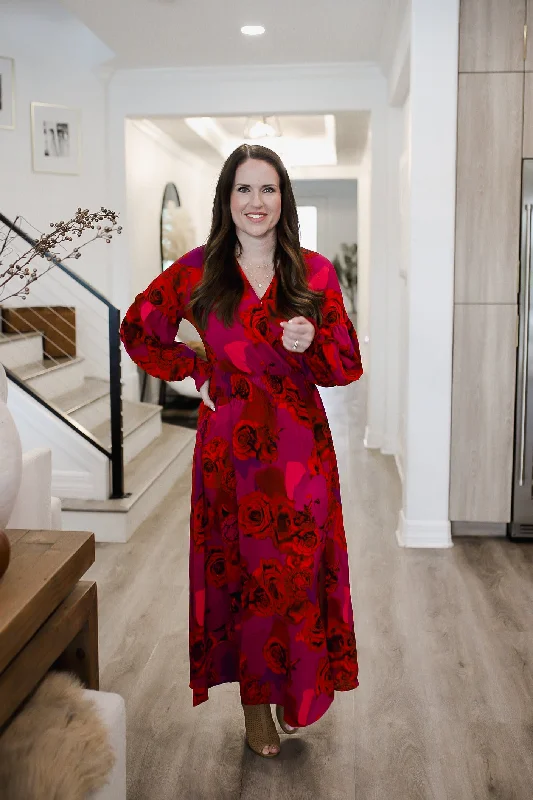 Warehouse Sale Devine Split Printed Surplice Long Sleeve Midi Dress