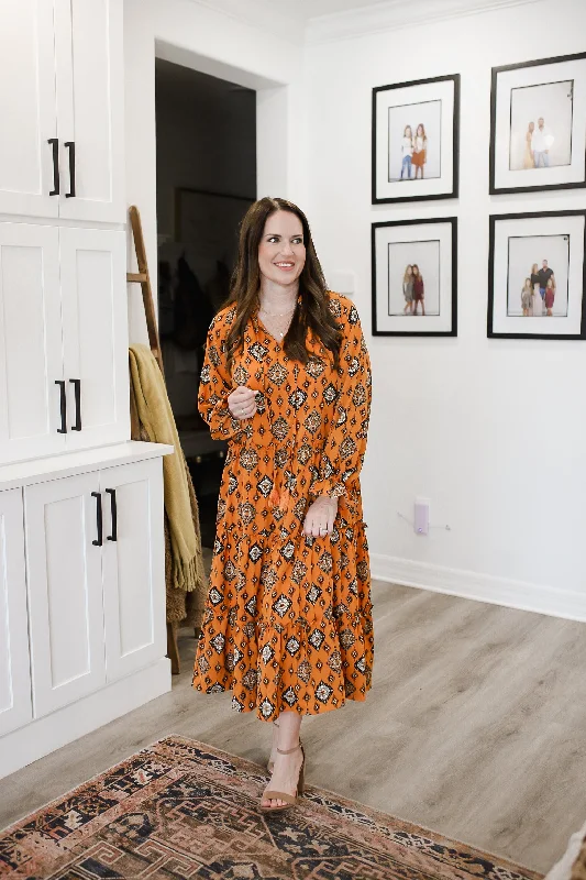Blowout Sale Frill Printed Tie Neck Long Sleeve Dress
