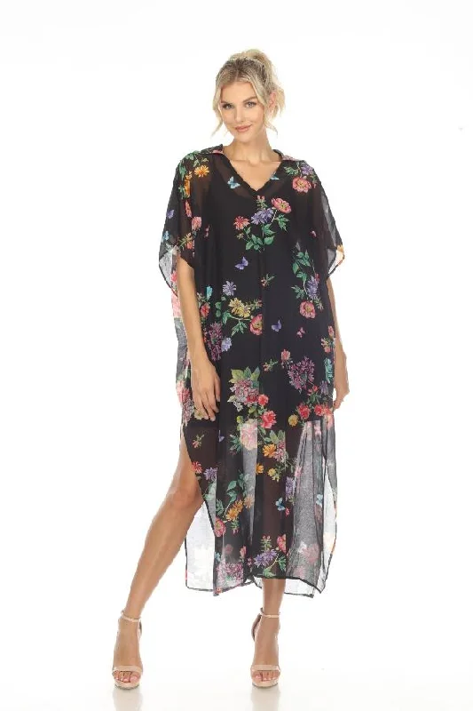 Act Fast Johnny Was Black Butterfly Collared Swim Cover-Up Kaftan Dress Boho Chic CSW3523-M