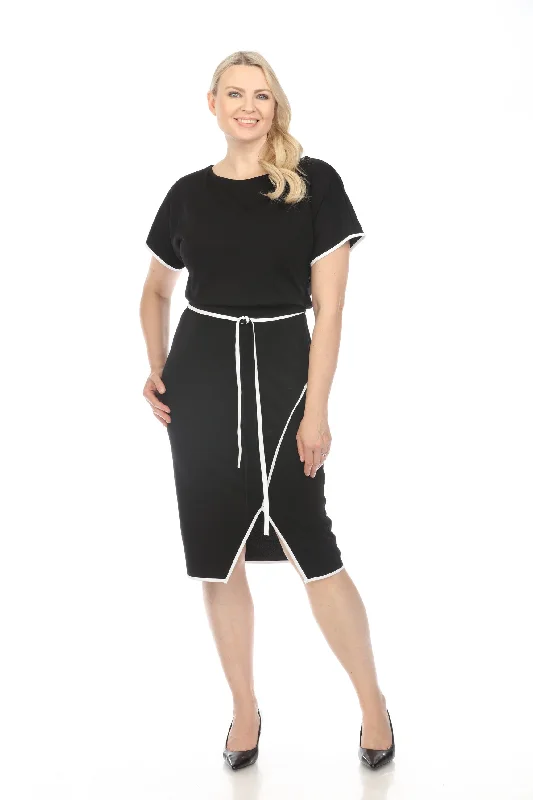 Great Deals Joseph Ribkoff Black/Off-White Contrast Trim Waist Tie Front Slit Sheath Dress 241234 Great Deals Joseph Ribkoff Black/Off-White Contrast Trim Waist Tie Front Slit Sheath Dress 241234