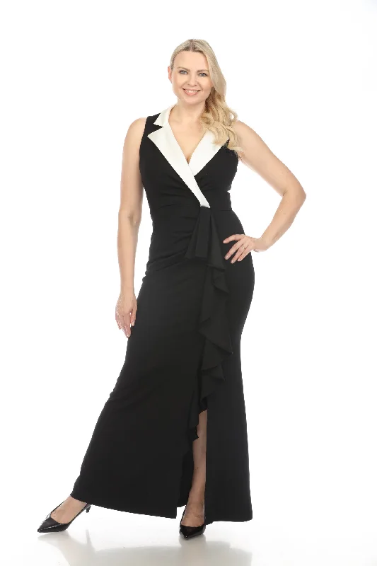 Major Savings Joseph Ribkoff Black/Off-White Two-Tone Ruffled Sleeveless Long Dress 241712 Major Savings Joseph Ribkoff Black/Off-White Two-Tone Ruffled Sleeveless Long Dress 241712
