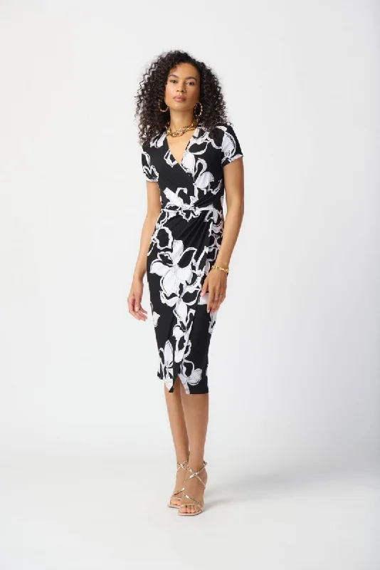 Steals and Deals Joseph Ribkoff Black/Vanilla Floral Print Short Sleeve Faux Wrap Sheath Dress 241050