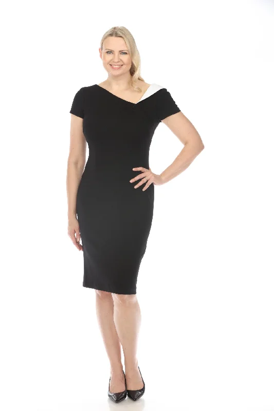 Limited Availability Joseph Ribkoff Black/Vanilla Two-Tone Asymmetric Neck Cap Sleeve Sheath Dress 241047 Limited Availability Joseph Ribkoff Black/Vanilla Two-Tone Asymmetric Neck Cap Sleeve Sheath Dress 241047